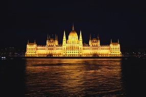 night view of parliament building at danube river, hungary, budapest