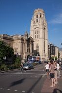 university bristol tower pedestrians on crosswalk at university, uk, england, bristol