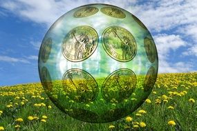 Symbol of environmental protection on a background of yellow meadow with dandelions and clouds