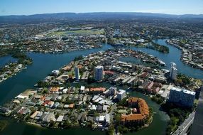 aerial view of city with buildings at canals, australia, gold coast