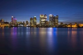 canary wharf, business district at night, uk, england, london