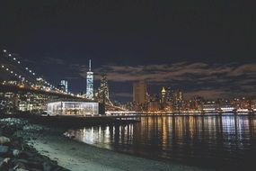 beautiful night city skyline with landmarks and colorful reflections, usa, manhatan, nyc