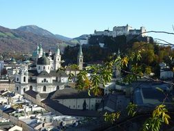 top view of old town with hohensalzburg fortress on mountain, austria, salzburg