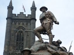 bronze soldier statue at gothic tower, uk, england, Oldham War Memorial