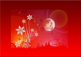 snowflakes and full moon above city, red christmas greeting card