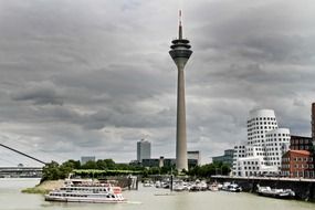 tv tower on harbour at clouds, germany, dÃ¼sseldorf