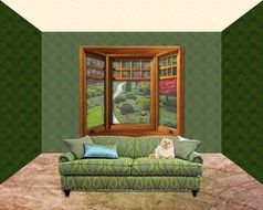 cat on sofa at bay window, interior visualization