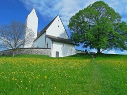 white church building on blooming spring meadow