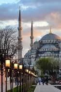 blue mosque in city at evening, turkey, istanbul