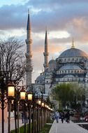 blue mosque in city at evening, turkey, istanbul