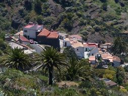 landscape of village on mountain among palm trees, spain, tenerife, masca