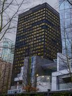 illuminated high rise building in downtown at dusk, canada, british columbia, vancouver