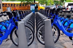 blue bicycles on parking in city, usa, manhattan, nyc