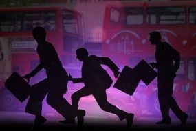 running men silhouettes at big buses, illustration