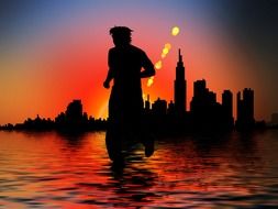 running man silhouette at sunset city, digital art
