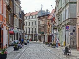 street with cobblestone pavement in old town, poland, bydgoszcz