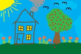 children drawing home tree meadow sunny birds