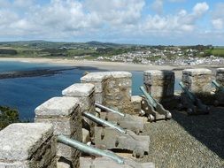 medieval canons on wall of st michaelâs mount castle, uk, england, cornwall