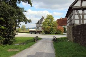 village building home truss bridge tree horse