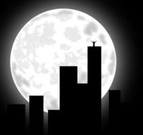 man atop skyscraper in city at full moon noght, illustration