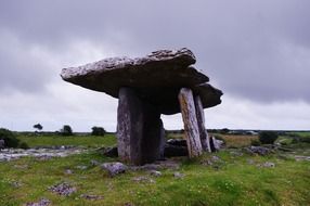 poulnabrone dolmen, ancient stone portal tomb at clouds, uk, ireland, Burren