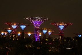 colorful illuminated giant trees at night sky, singapore, gardens by the bay