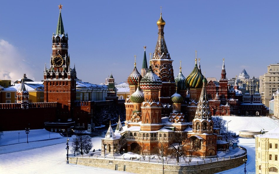 Saint Basil's Cathedral and kremlin at winter, russia, moscow