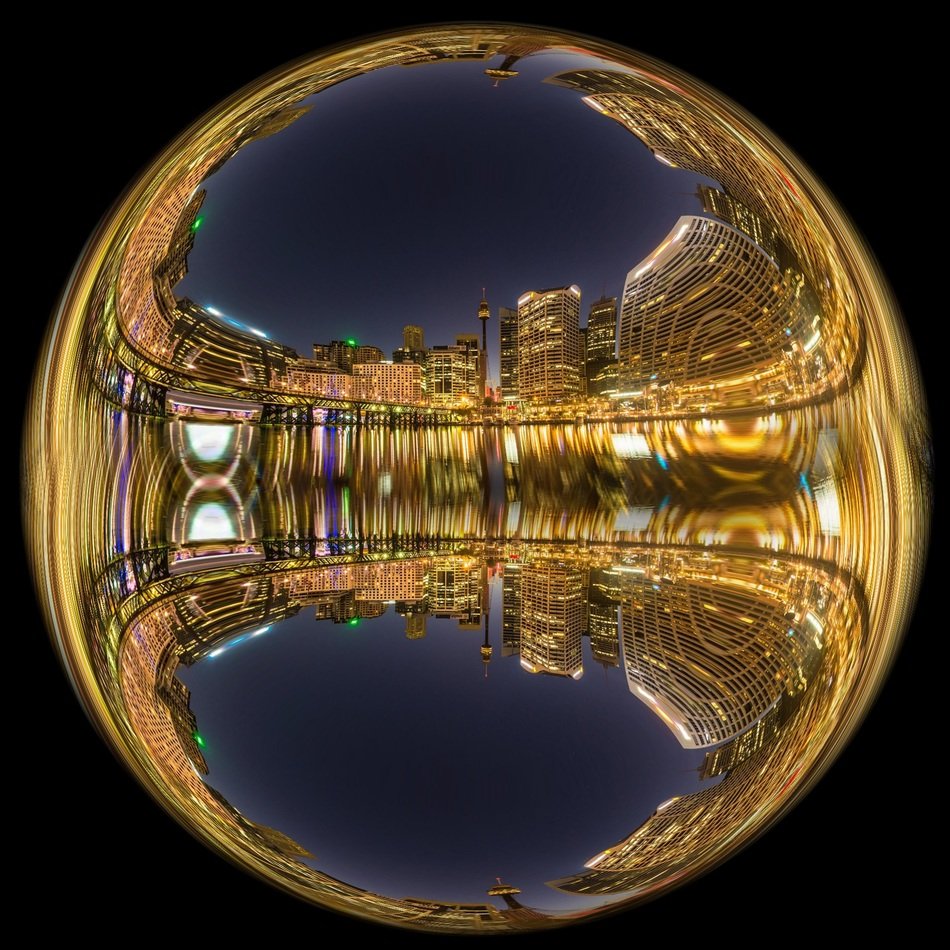 city skyscrapers in the glass circle