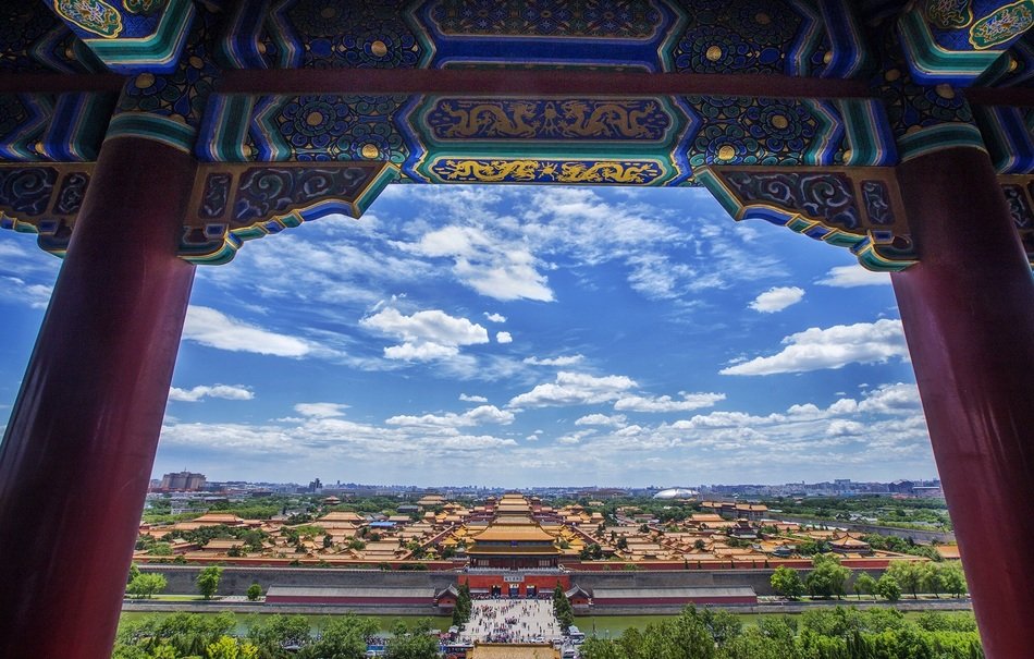 scenery view of city through temple window, china, beijing