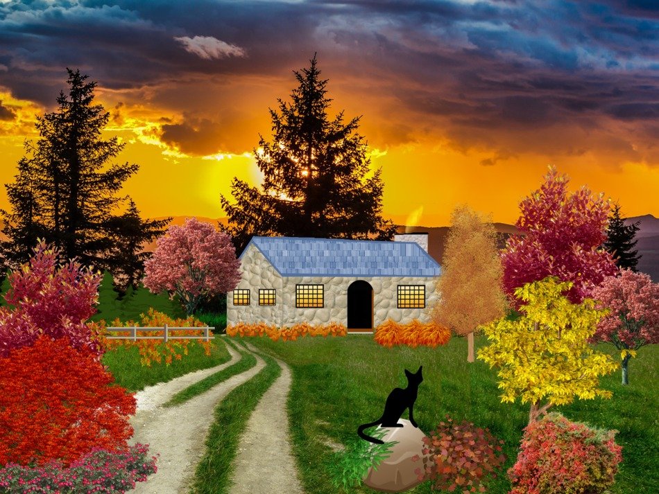 path to house in beautiful countryside at sunset, illustration