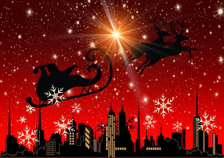 nicholas reindeer slide fly above the city