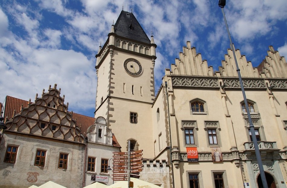 Tabor City Hall with tower, Hussite Museum in beauiful old town, czech