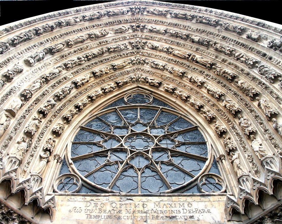 gothic ornament above porch of Roman Catholic cathedral, france, reims