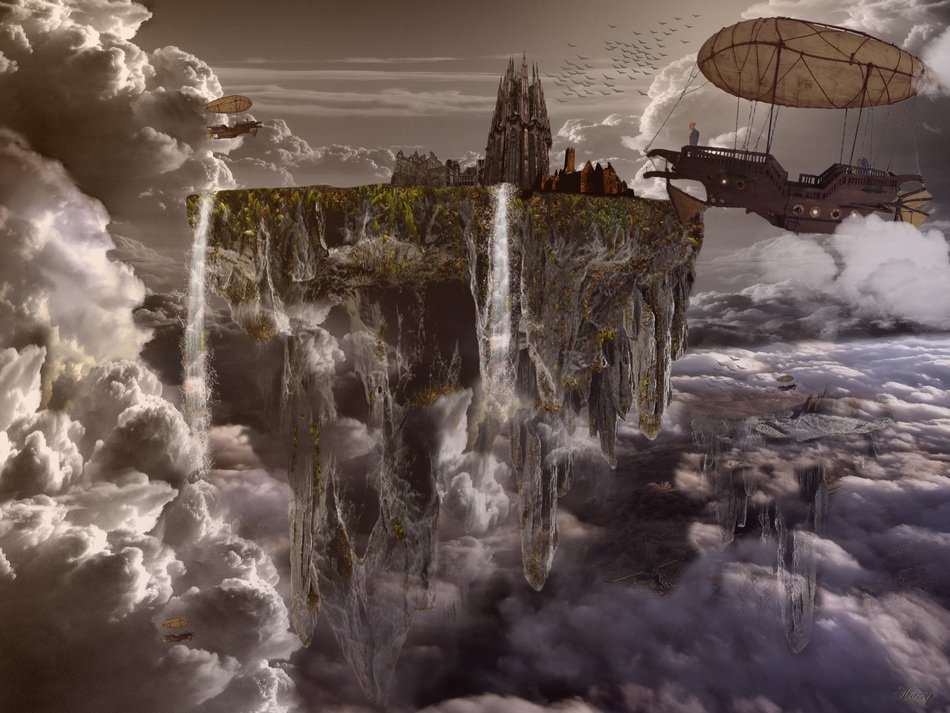 airship at city floating on clouds, fantasy illustration