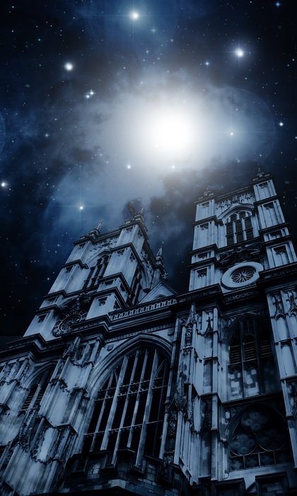 full moon at starry sky above westminster cathedral, uk, england, london