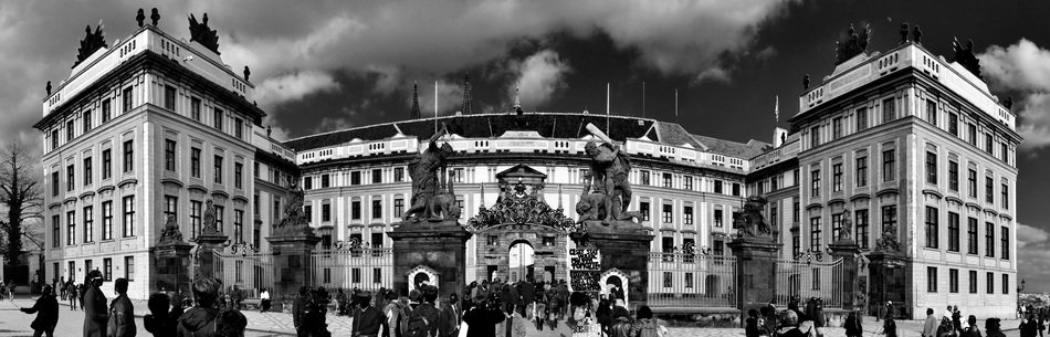 black and white panorama of the Prague castle