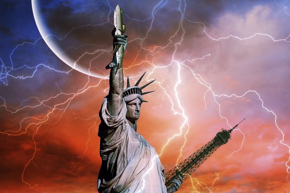 statue of liberty with aircraft and eiffel tower in hands, digital art