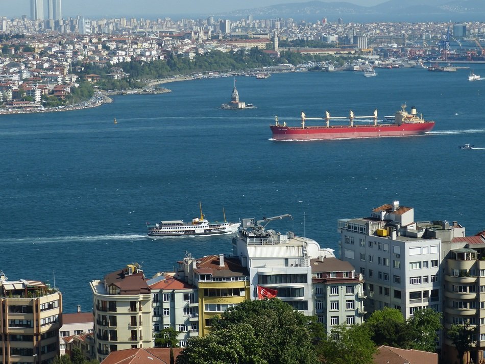 outlook of bosphorus wish ships and cityscape, turkey, istanbul