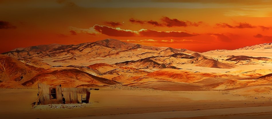 ruin in desert at mountains, sunset landscape, digital painting