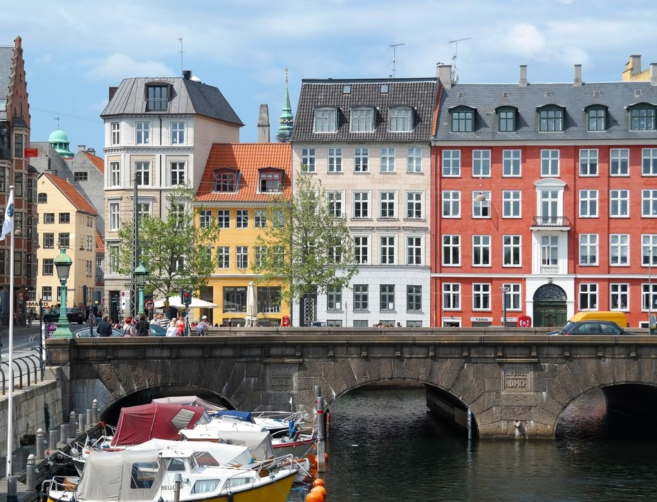 colorful old houses at channel, denmark, copenhagen