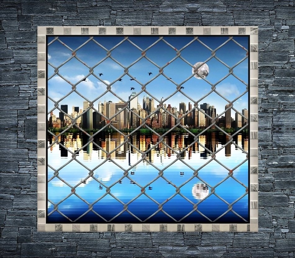 waterfront of city with moon and birds at sky on grated window, collage