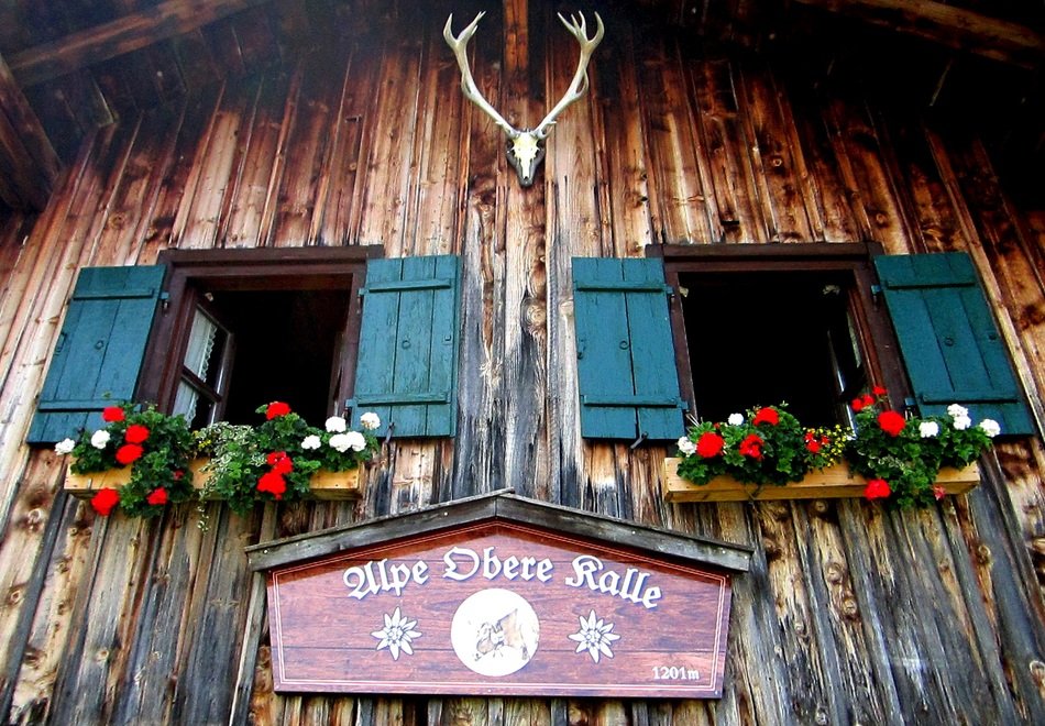 timber alpe hut with deer skull on facade in germany in allgÃ¤u