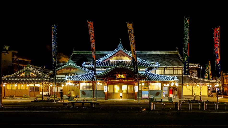 traditional buildings at night city, japan, yamaga