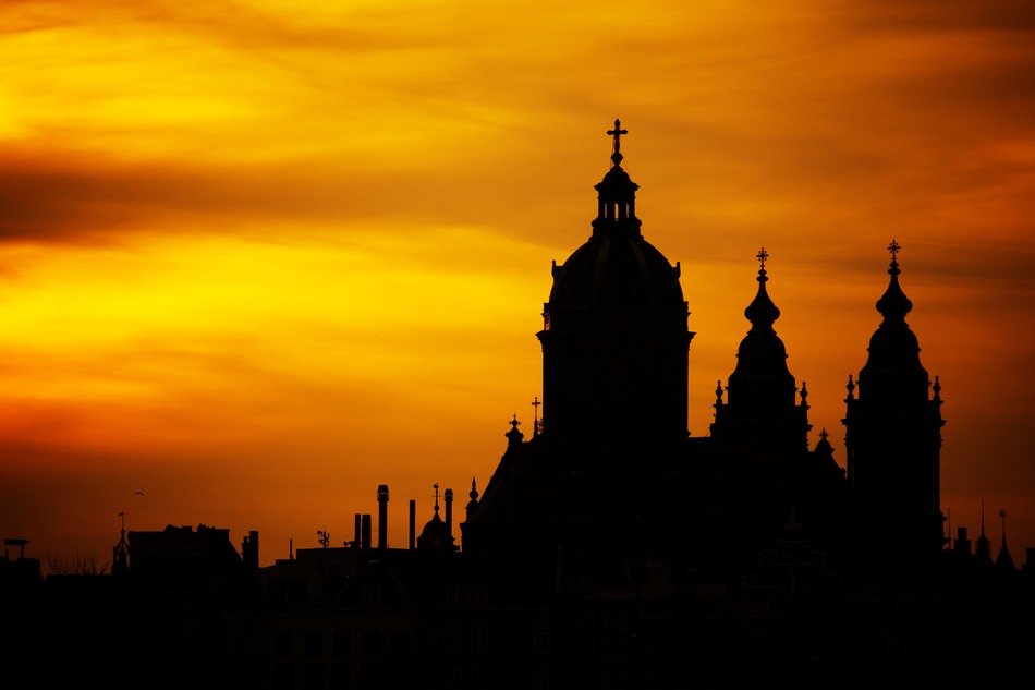 Silhouette of Amsterdam during sunset