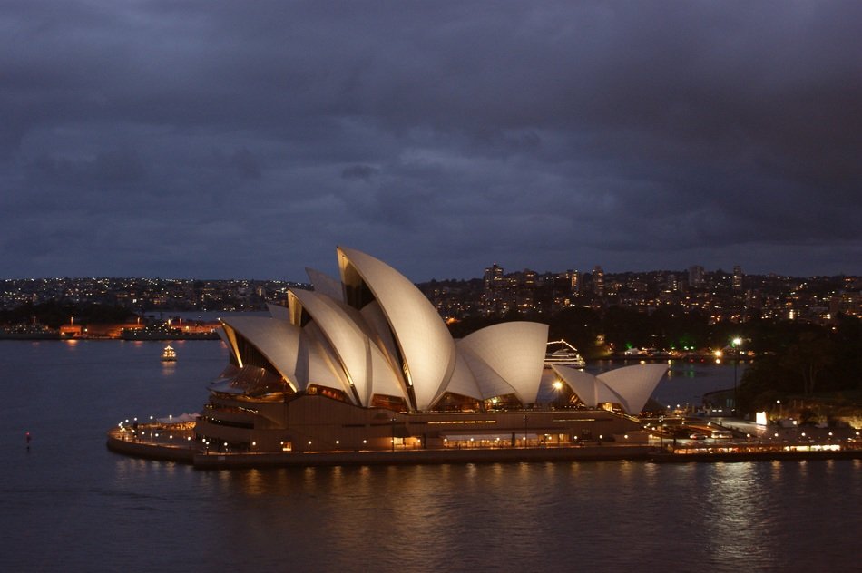 beautiful night view of sydney opera house at harbor, australia