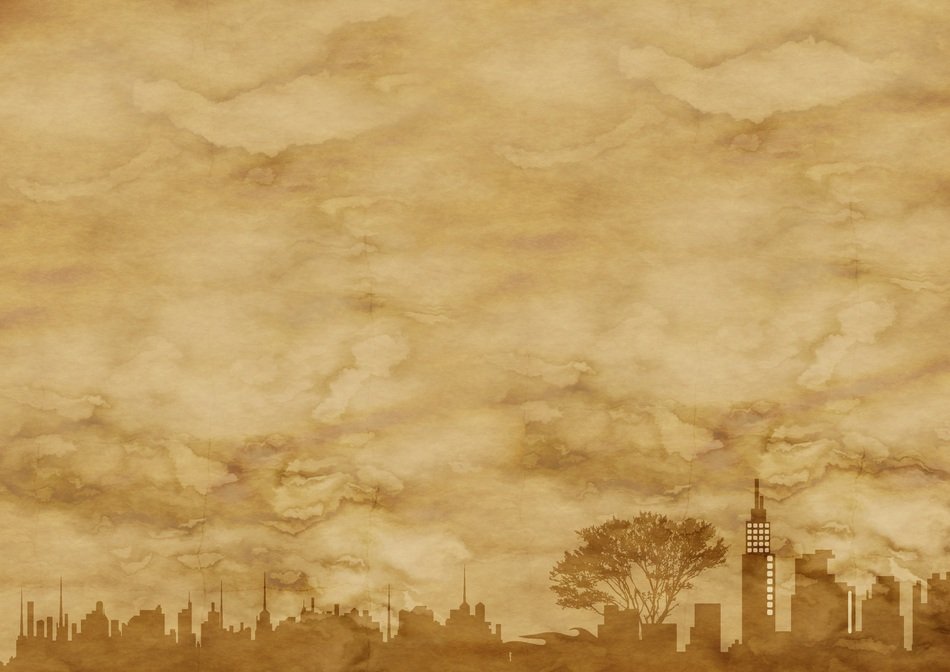 parchment with city silhouette at bottom, backgrpund