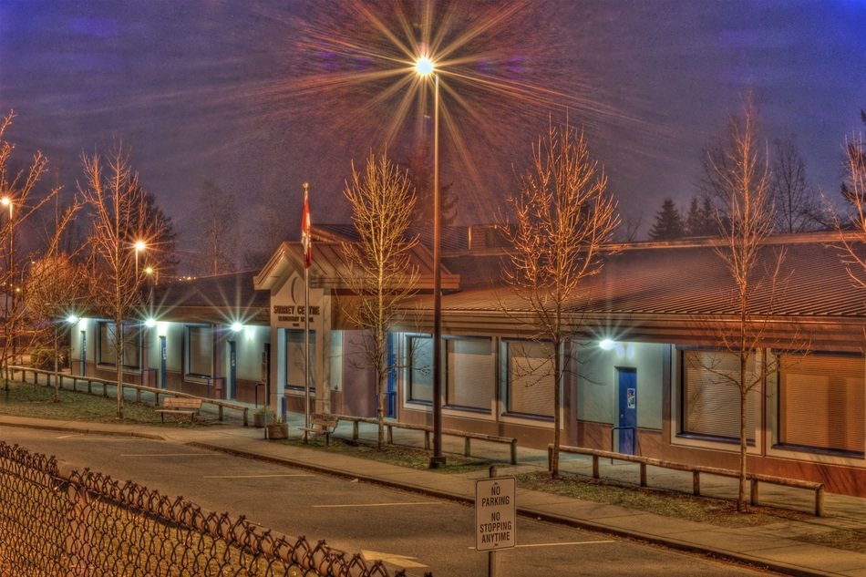 one storey elementary school building at night