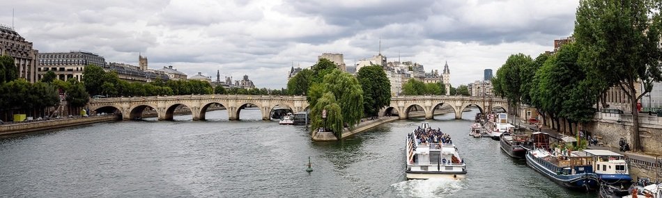 old city panorama with pont neuf bridge across seine river, france, paris