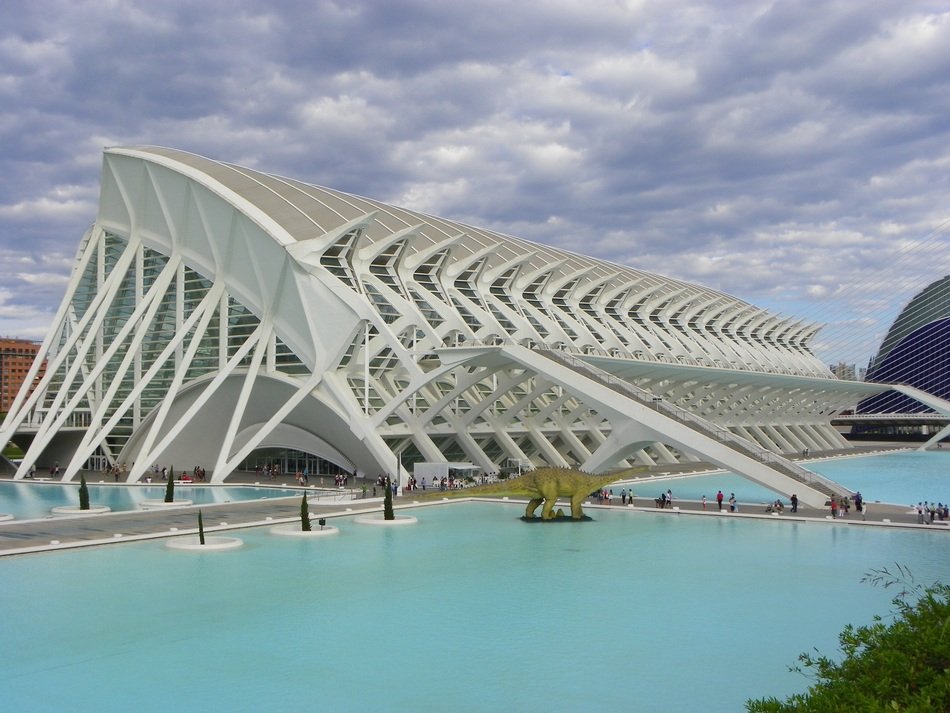 cloudy sky over unusual architecture in city of arts and sciences, spain, valencia