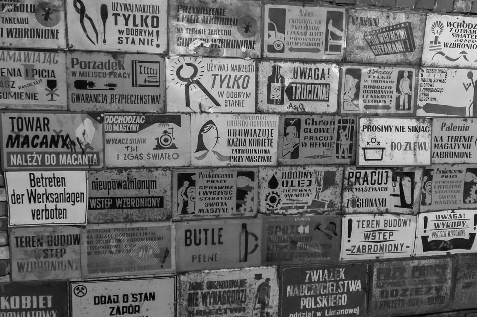 occupational Safety and Health, old warning signs on wall, poland